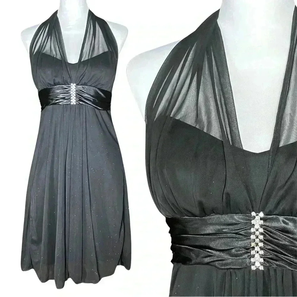 Vintage Y2K Black Halter Hoco Cocktail Dress. Whimsigoth Fairy Sparkle. Small.